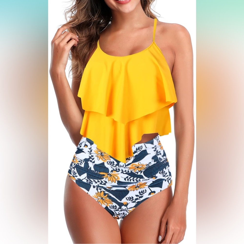 Two Piece Tummy Control Yellow Ruffle‎ Bikini Set | Large | NWT - Picture 2 of 13